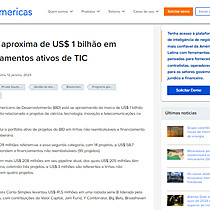 BID se aproxima de US$ 1 bilho em financiamentos ativos de TIC